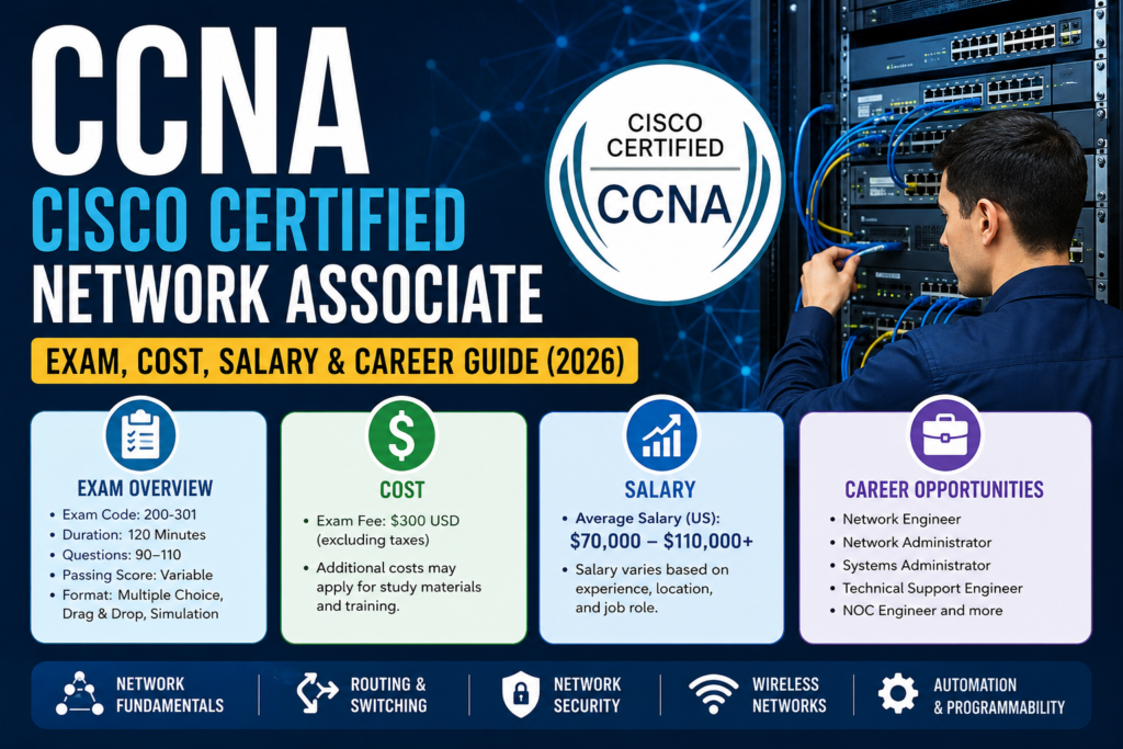 Cisco Certified Network Associate (CCNA) Certification 2026 showing networking engineer, Cisco networking equipment, exam details, certification cost, salary, and career opportunities.