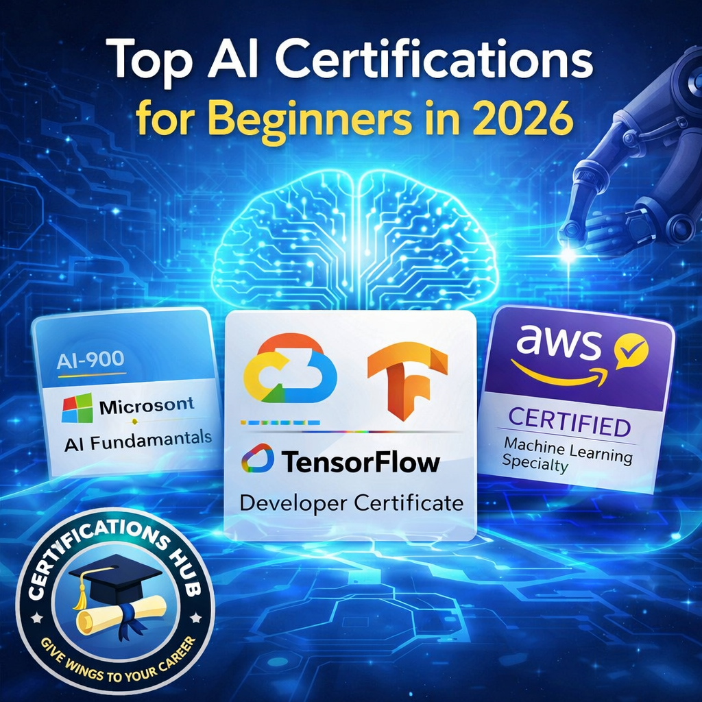 AI certifications for beginners including Azure AI-900, TensorFlow Developer, and AWS Machine Learning certification