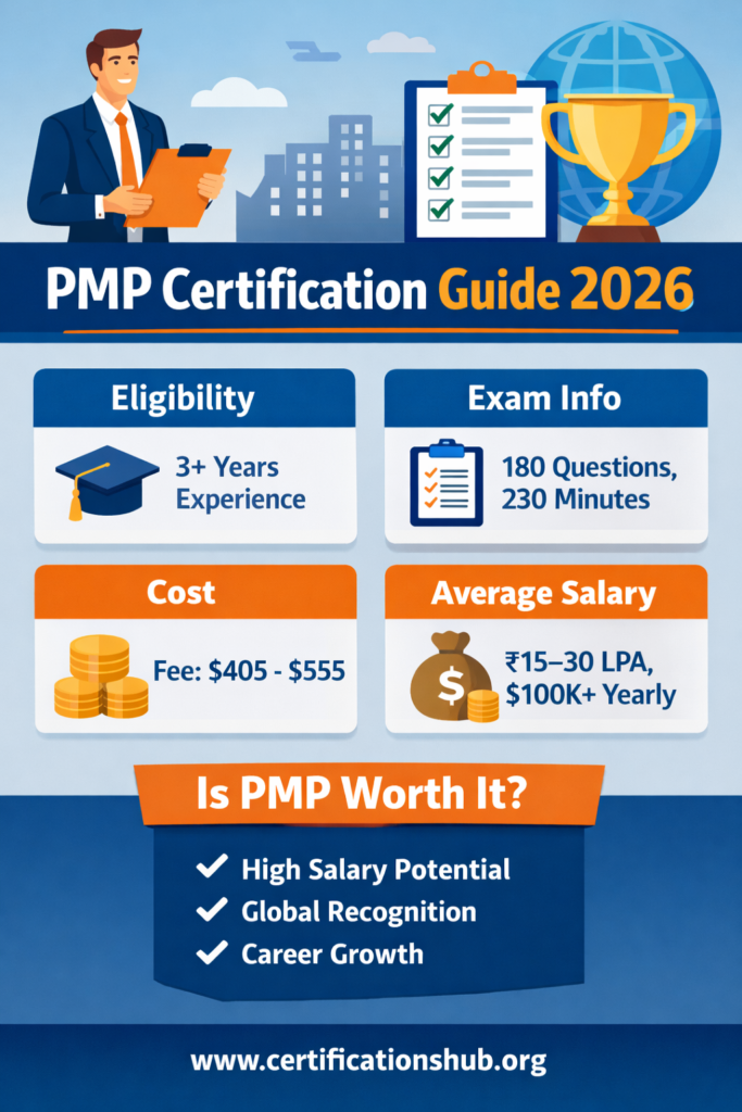 PMP Certification Guide showing eligibility, exam details, cost and salary benefits