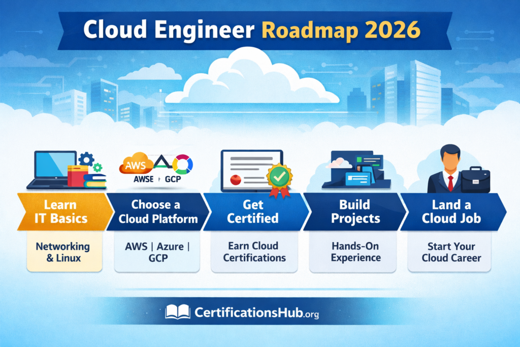 Cloud Engineer Roadmap 2026 showing skills certifications and career path