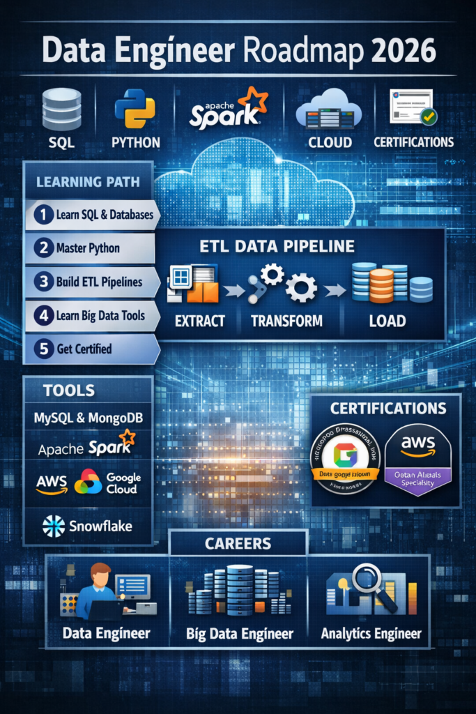 Data Engineer Roadmap 2026 showing ETL pipeline SQL Python Spark
