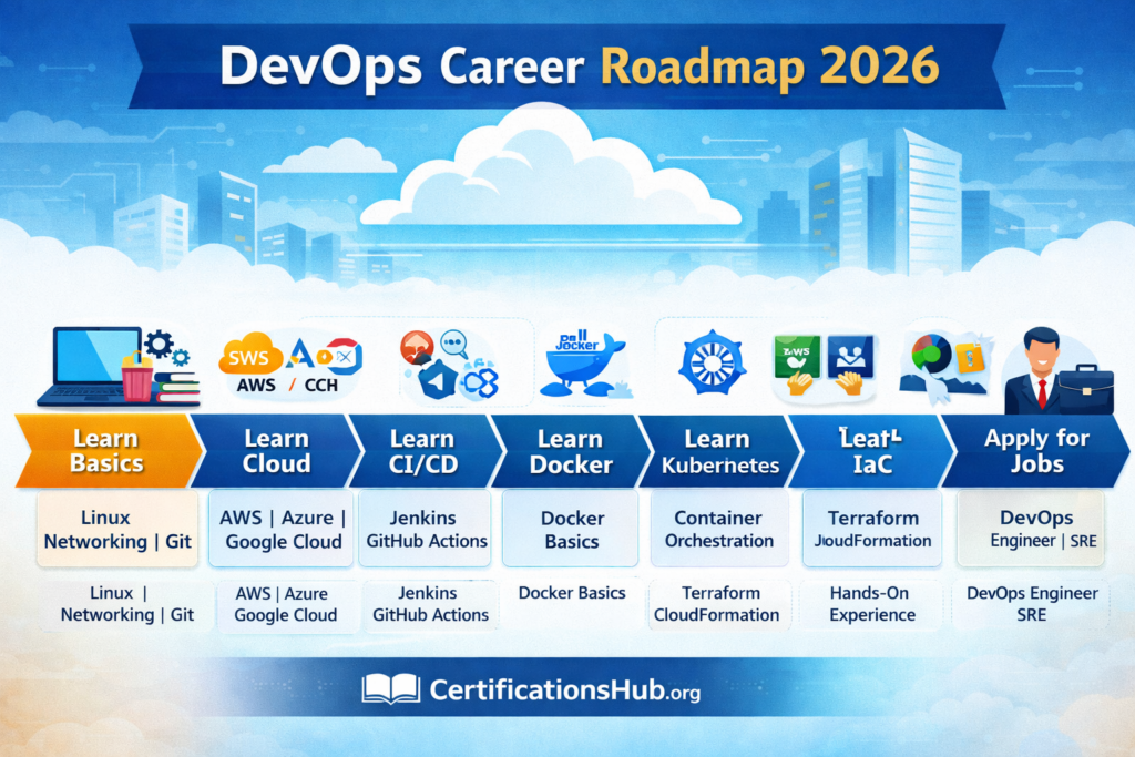 DevOps Engineer Roadmap 2026 showing CI/CD Docker Kubernetes workflow