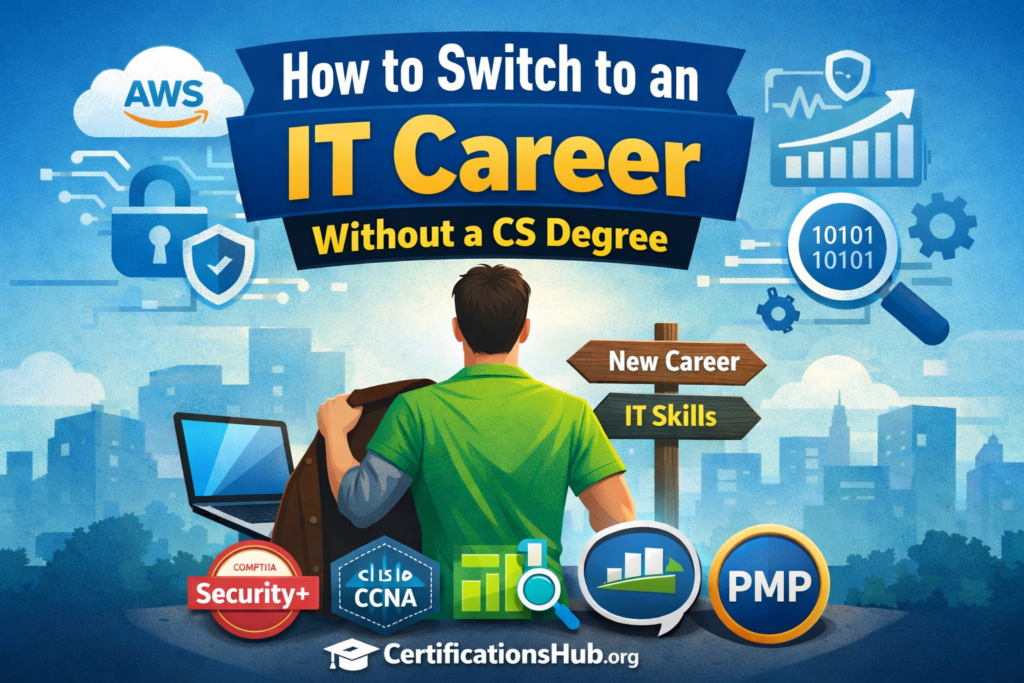 Switch to IT career without computer science degree – roadmap showing certifications like AWS, Security+, CCNA and PMP
