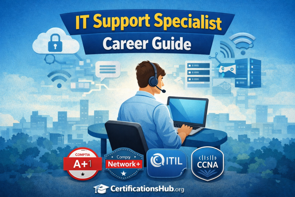 IT support specialist career guide showing IT professional providing technical support with certifications like CompTIA A+, Network+, ITIL and CCNA