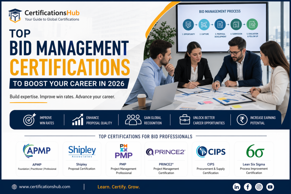 Top bid management certifications including APMP, PMP, PRINCE2, Shipley and CIPS for career growth in 2026