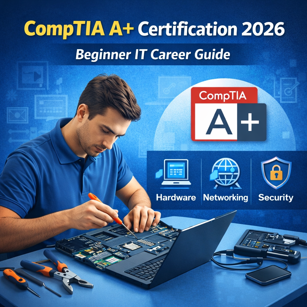 CompTIA A+ certification 2026 infographic showing IT support and hardware troubleshooting skills