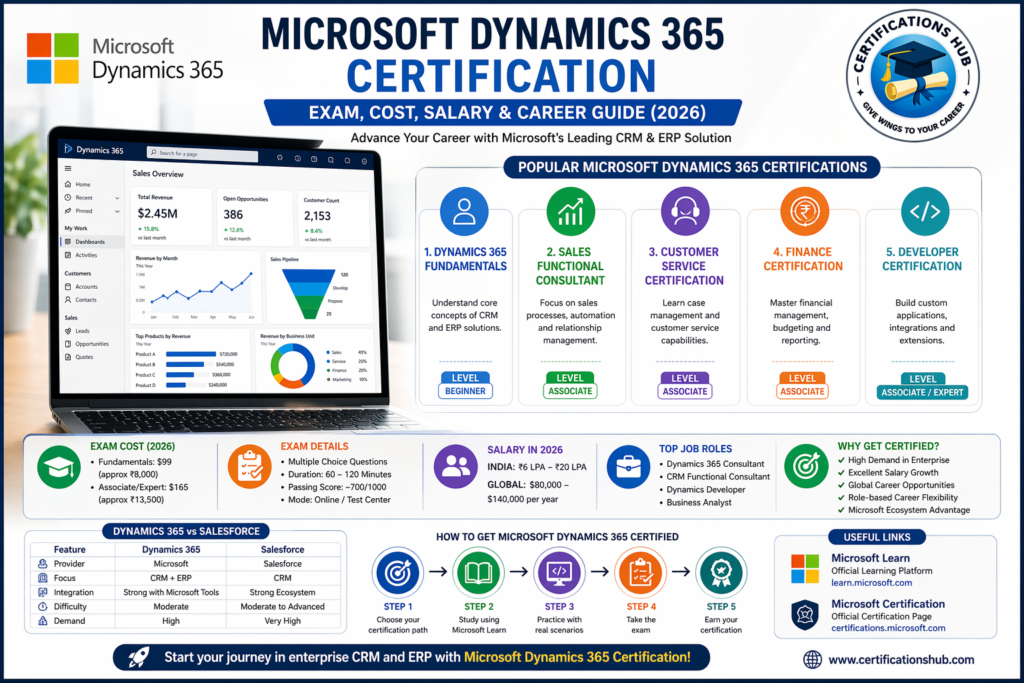 Microsoft Dynamics 365 Certification infographic showing exam details, cost, salary, and career roadmap