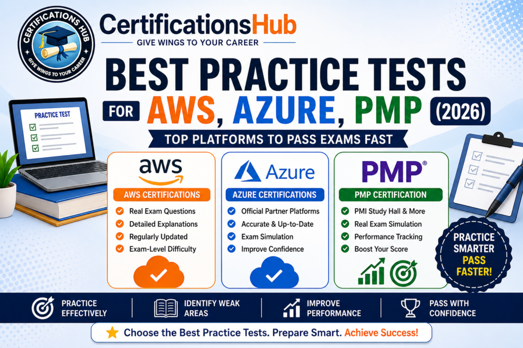 Best practice tests for AWS Azure PMP certifications comparison infographic