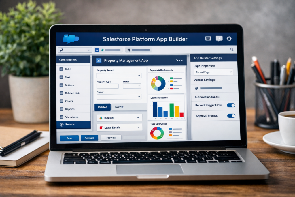 Salesforce Platform App Builder interface showing low-code app development dashboard
