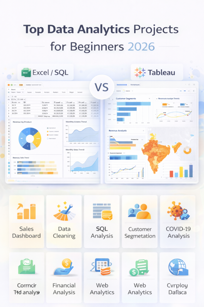 Data analytics projects dashboard for beginners showing charts and analysis