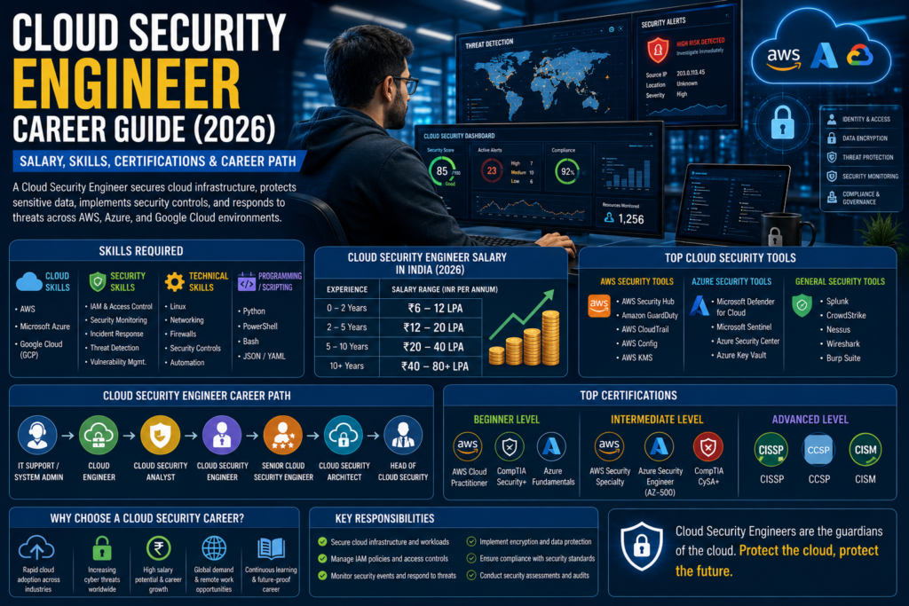 Cloud Security Engineer Career Guide showing cloud security monitoring and threat protection