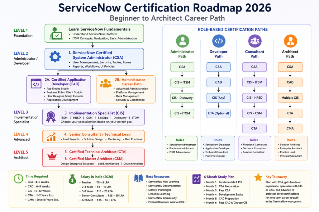 ServiceNow Certification Roadmap 2026 showing the complete certification path from CSA to Certified Master Architect