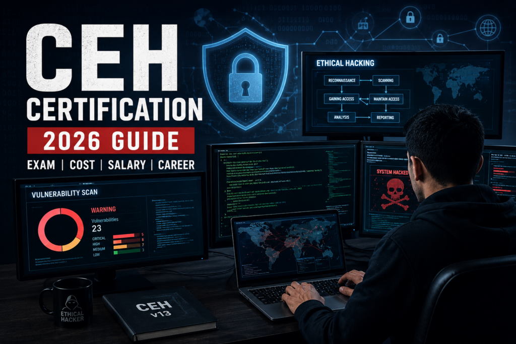 CEH Certification 2026 ethical hacker analyzing cybersecurity vulnerabilities on multiple monitors