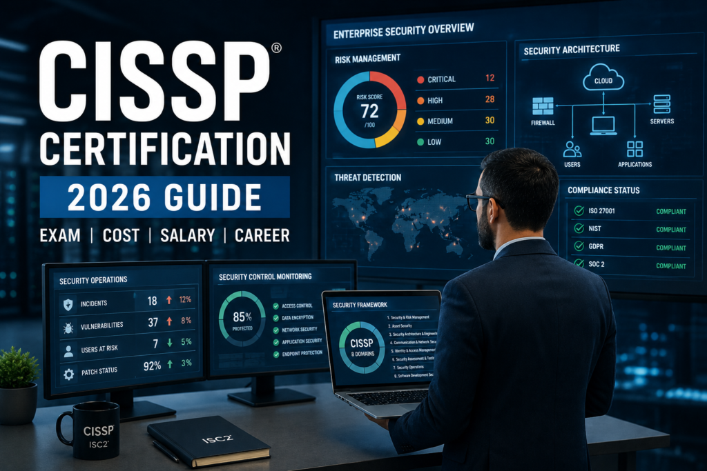 CISSP certification professional analyzing enterprise cybersecurity architecture and risk management systems