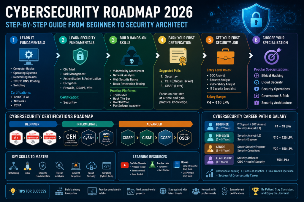 Cybersecurity Roadmap showing career path from beginner to security architect