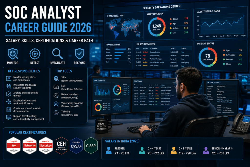 SOC Analyst monitoring cybersecurity threats and security operations center dashboards