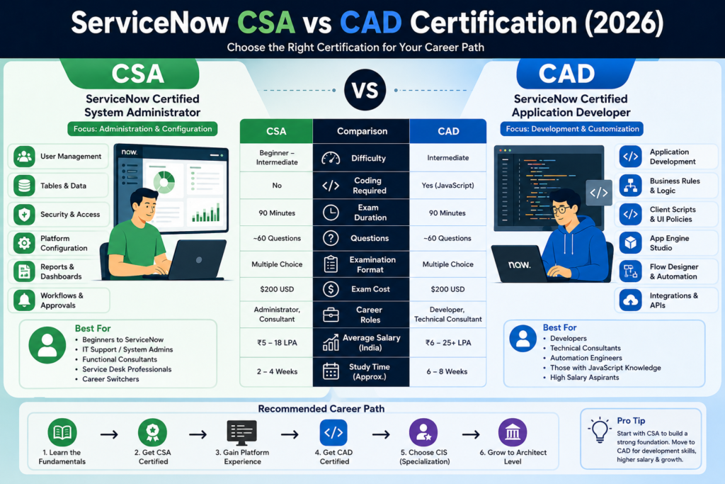 ServiceNow CSA vs CAD Certification comparison showing differences in skills, career paths, salary, and certification focus.