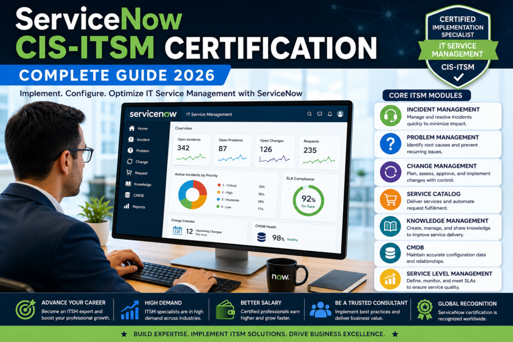 ServiceNow CIS-ITSM Certification Guide 2026 showing IT Service Management implementation, Incident Management, Change Management, and Service Catalog.