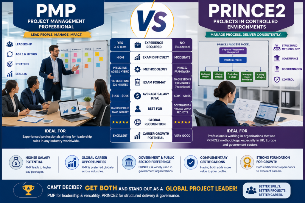 Comparison infographic showing PMP vs PRINCE2 certifications, including eligibility, exam, salary, difficulty, methodology, career growth, and global recognition.