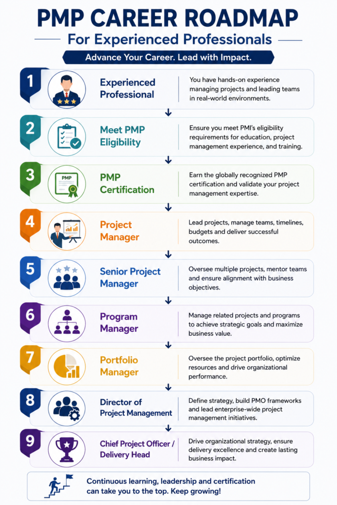 PMP career roadmap infographic showing the progression from Experienced Professional to Meet PMP Eligibility, PMP Certification, Project Manager, Senior Project Manager, Program Manager, Portfolio Manager, Director of Project Management, and Chief Project Officer or Delivery Head.