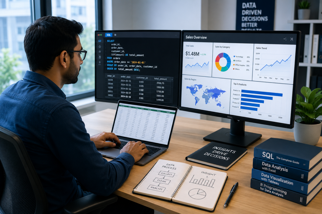 Professional data analyst working on SQL queries, spreadsheets, and interactive business intelligence dashboards, representing the Google Data Analytics Professional Certificate.