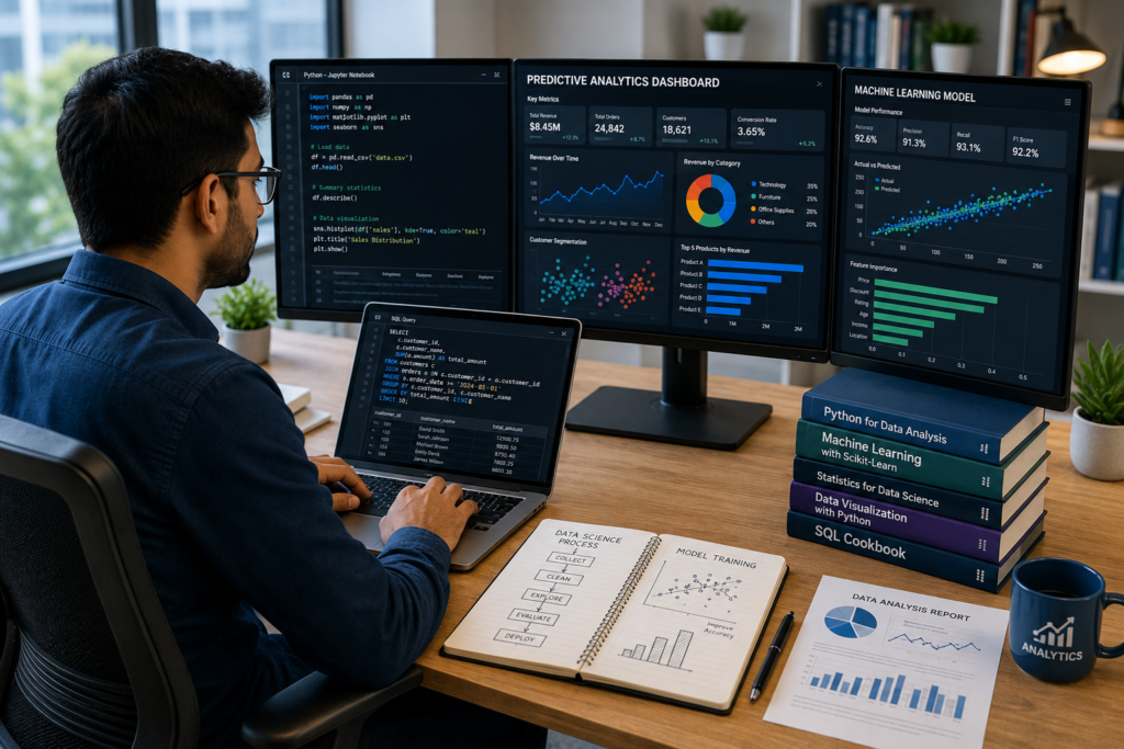 Professional data analyst using Python, SQL, machine learning models, and predictive analytics dashboards representing the Google Advanced Data Analytics Professional Certificate.