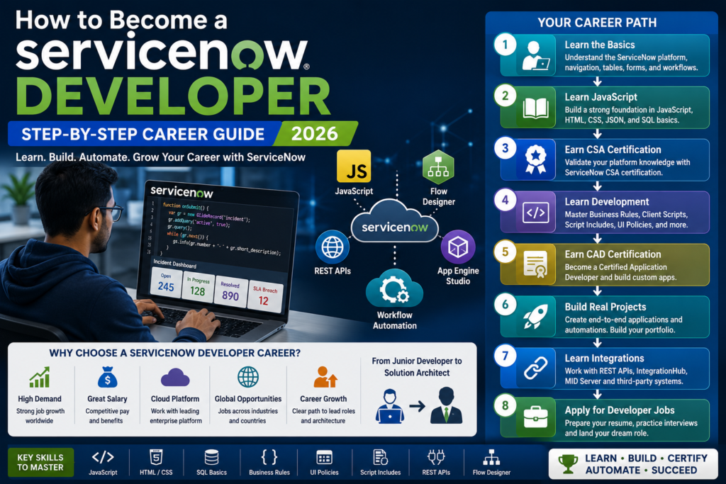 How to Become a ServiceNow Developer roadmap showing the skills, certifications, and career path needed to become a ServiceNow developer in 2026.