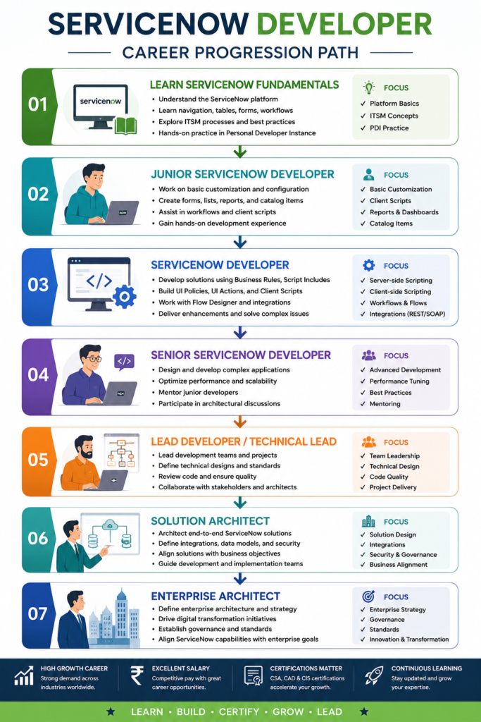 ServiceNow Developer Career Progression infographic showing the journey from learning ServiceNow fundamentals to Junior Developer, ServiceNow Developer, Senior Developer, Lead Developer, Solution Architect, and Enterprise Architect.
