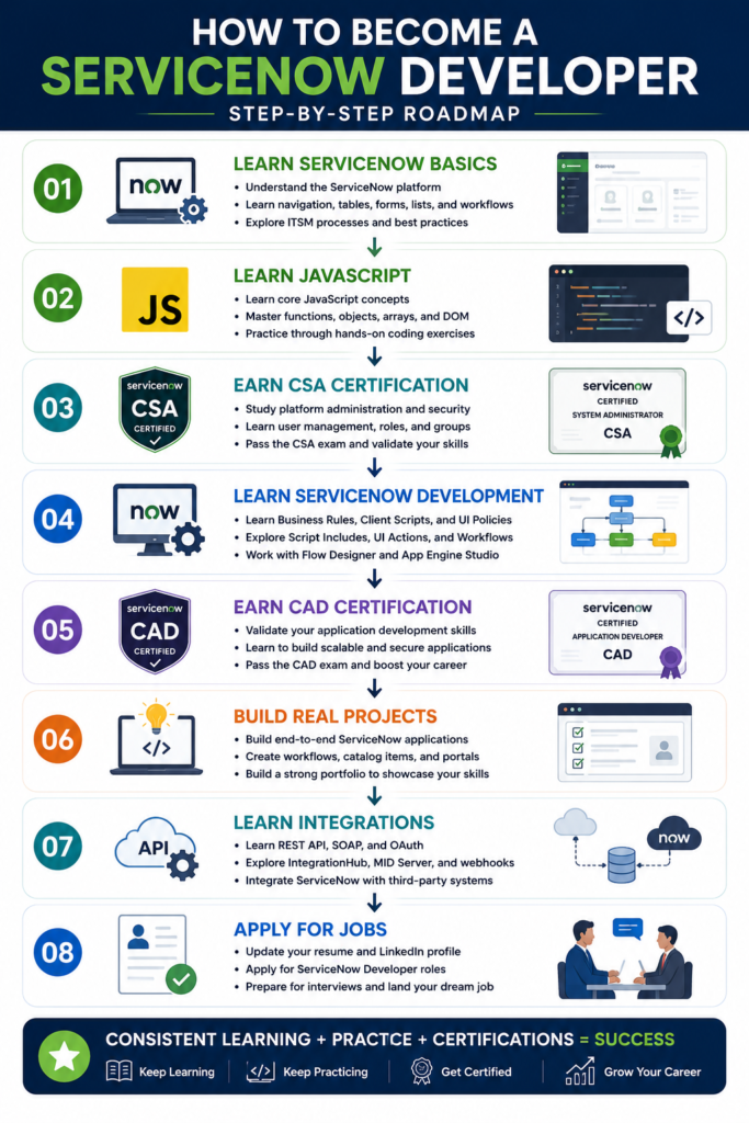ServiceNow Developer learning roadmap showing the step-by-step journey from learning ServiceNow basics and JavaScript to earning CSA and CAD certifications, building projects, learning integrations, and applying for ServiceNow developer jobs.
