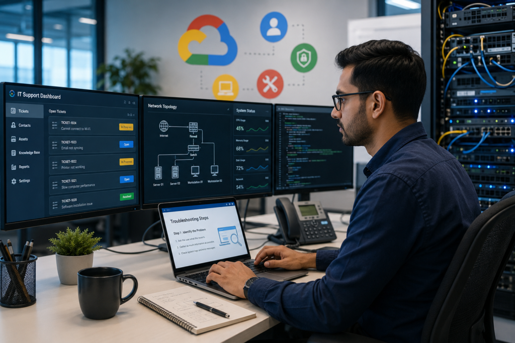 IT support professional working with computers and networking equipment representing the Google IT Support Professional Certificate.