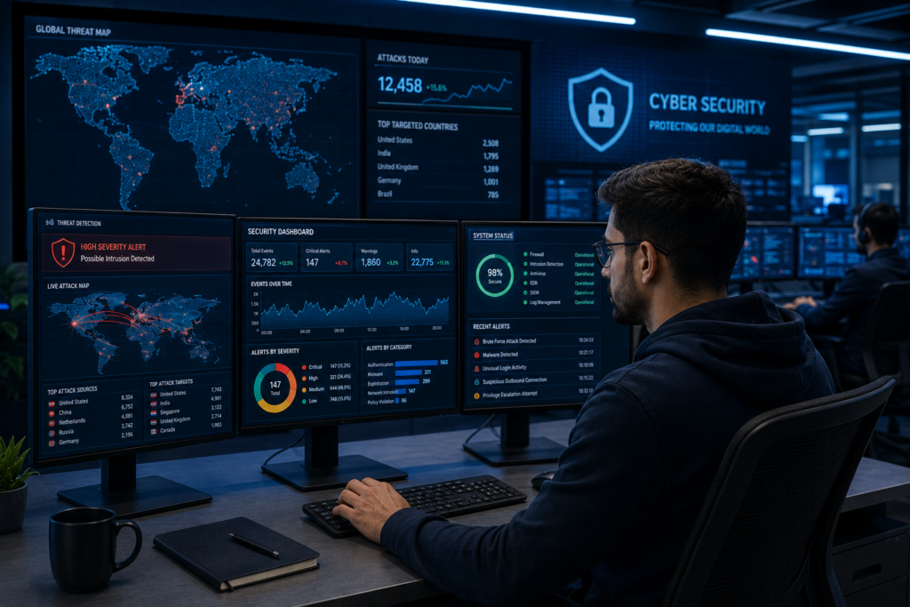 Cybersecurity analyst monitoring security dashboards in a Security Operations Center.