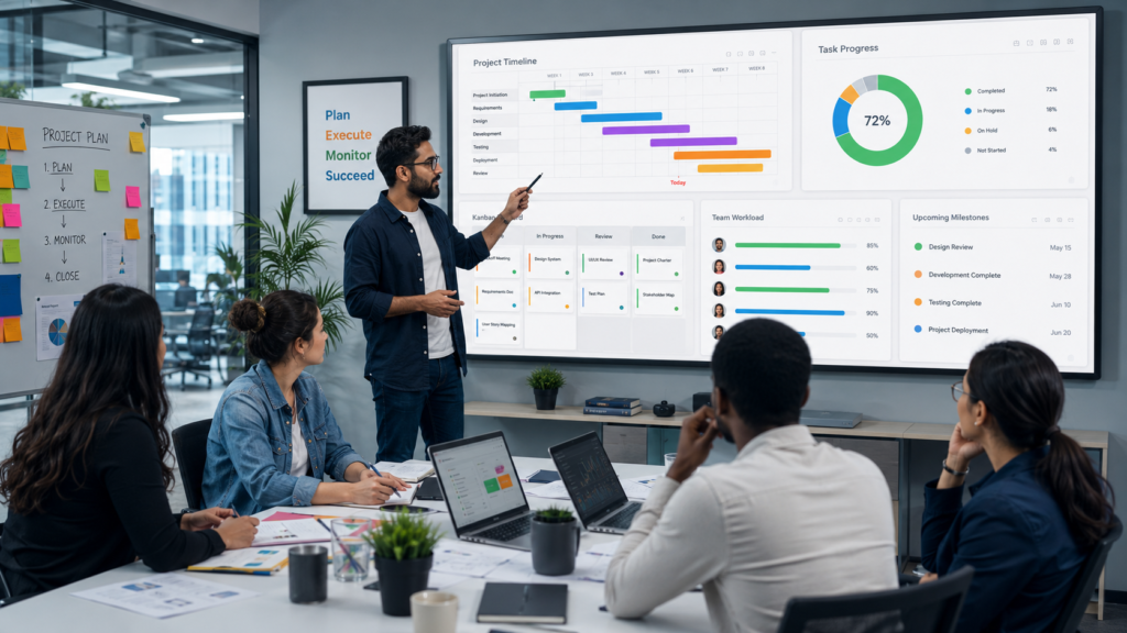Project manager leading a team meeting using project planning dashboards and collaboration tools.