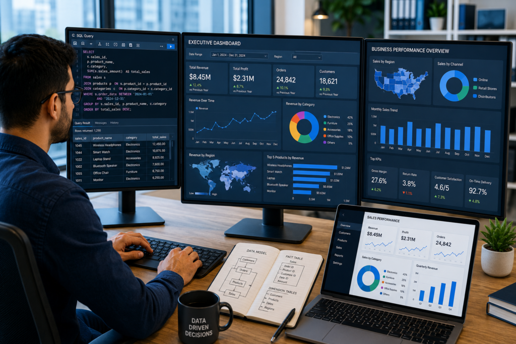 Business Intelligence analyst using SQL, Looker Studio dashboards, KPI reports, and business analytics tools in a modern office.