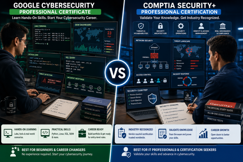 Comparison of Google Cybersecurity Professional Certificate and CompTIA Security+ showing hands-on cybersecurity learning versus professional certification.