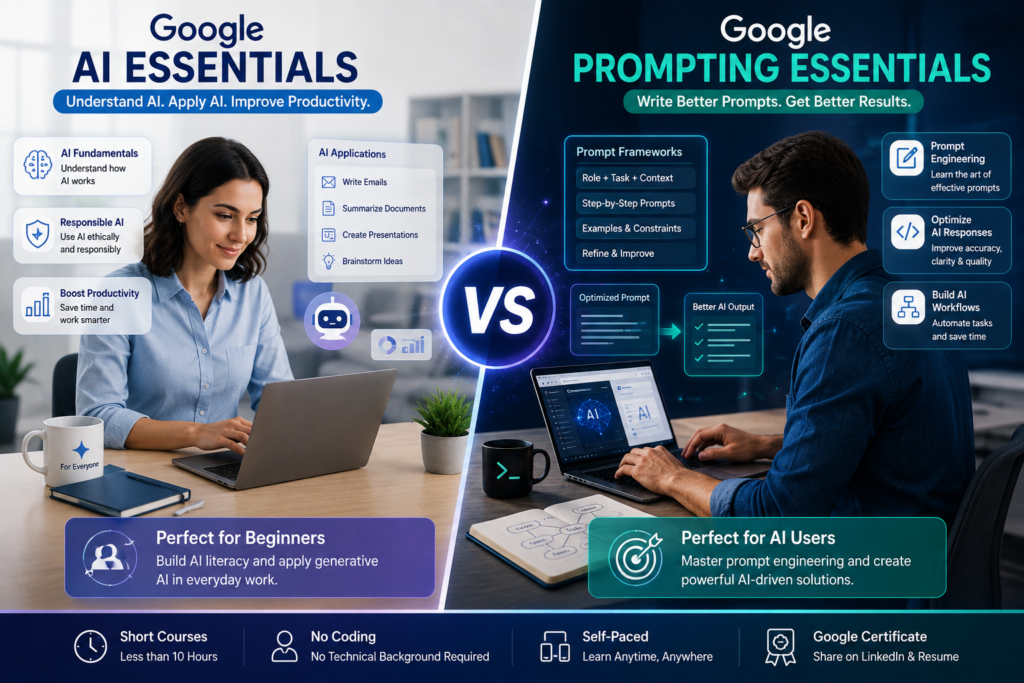 Split-screen comparison of Google AI Essentials and Google Prompting Essentials showing AI productivity tools on one side and prompt engineering workflows on the other.