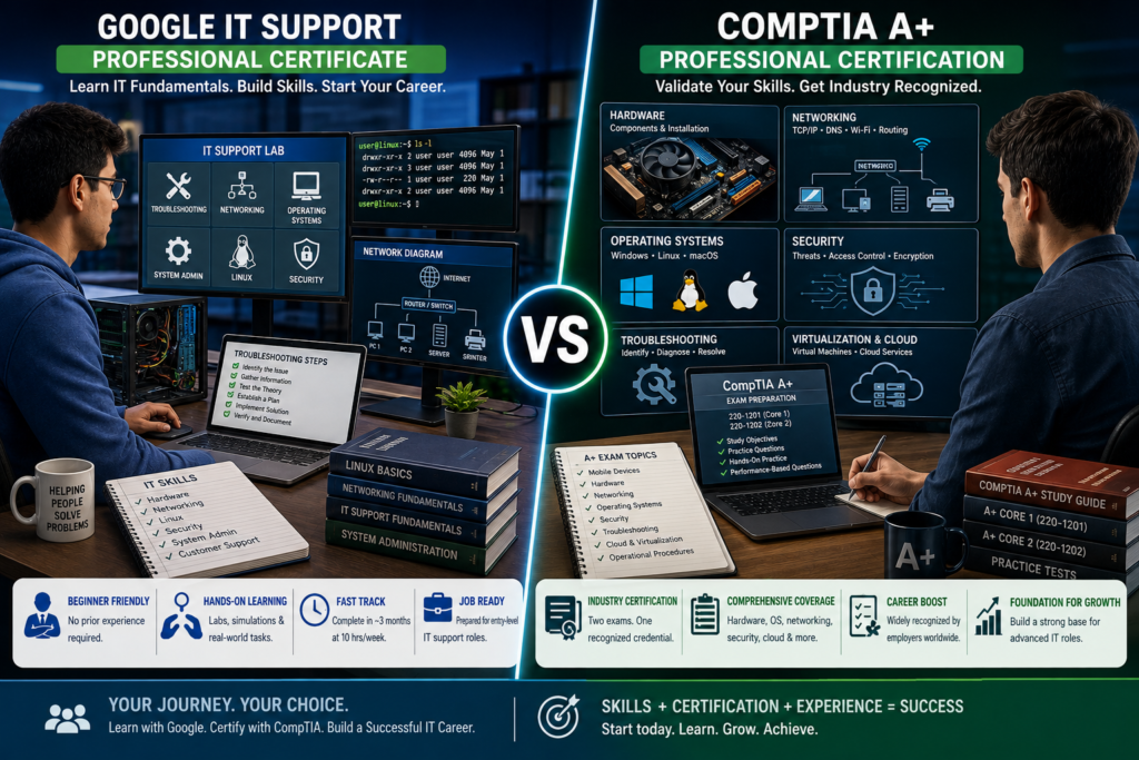 Comparison of Google IT Support Professional Certificate and CompTIA A+ showing beginner IT training versus professional certification.