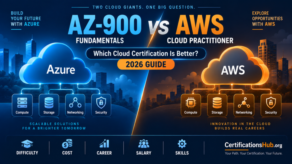 AZ-900 vs AWS Cloud Practitioner comparison for 2026, showing Azure and AWS cloud certification paths