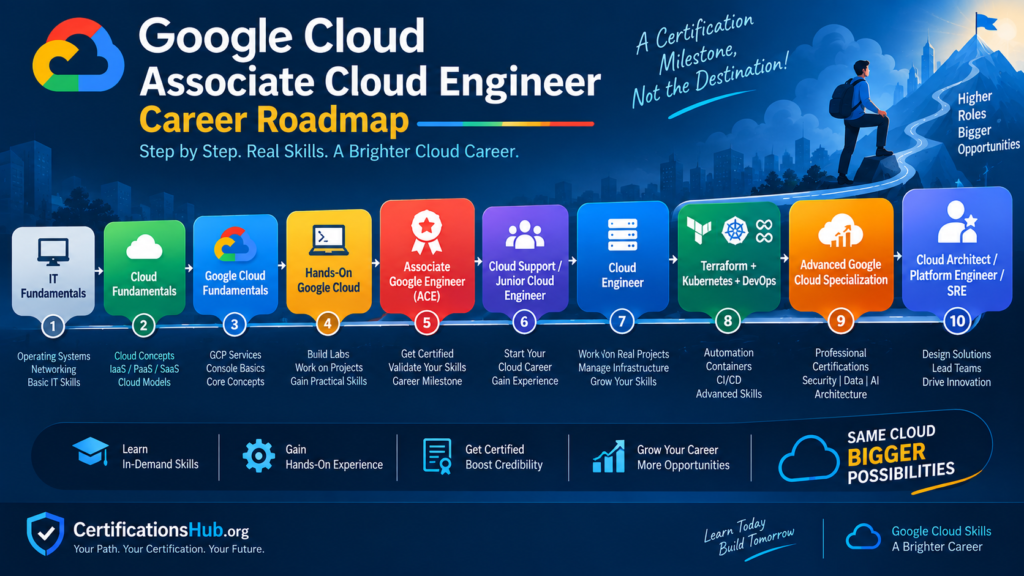 Google Cloud Associate Cloud Engineer career roadmap from IT fundamentals to cloud engineer, DevOps, and advanced GCP careers